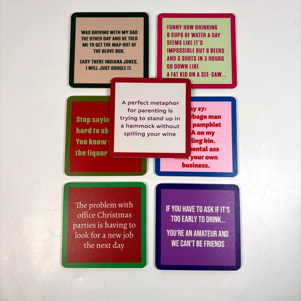 DRINKS ON ME Drink Coasters SET OF 7 Assorted Laugh Out Loud Party Funny Lot NEW